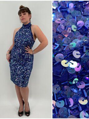 80s 90s Vintage Beaded Sequined Dress Halter High Neck Black Tie Oleg Cassini